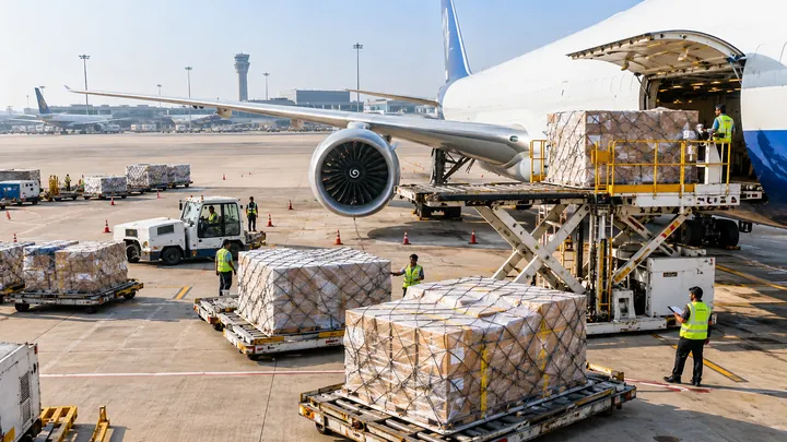 Commercial air cargo loading at airport
