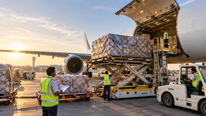 Commercial air cargo loading at airport