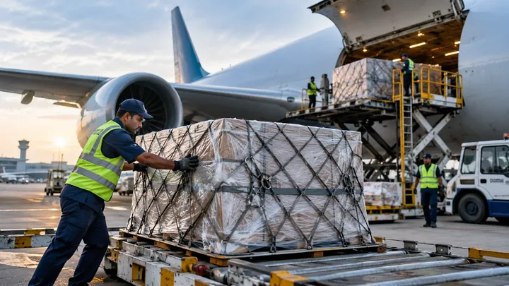 Commercial air cargo loading at airport