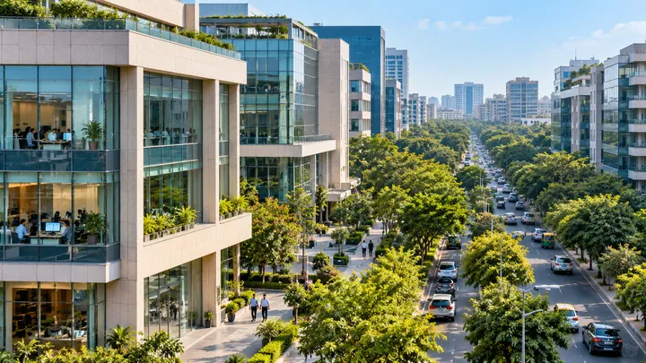 Commercial office buildings on tree-lined street