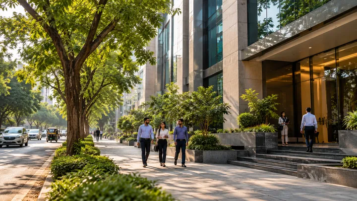 Commercial office buildings on tree-lined street