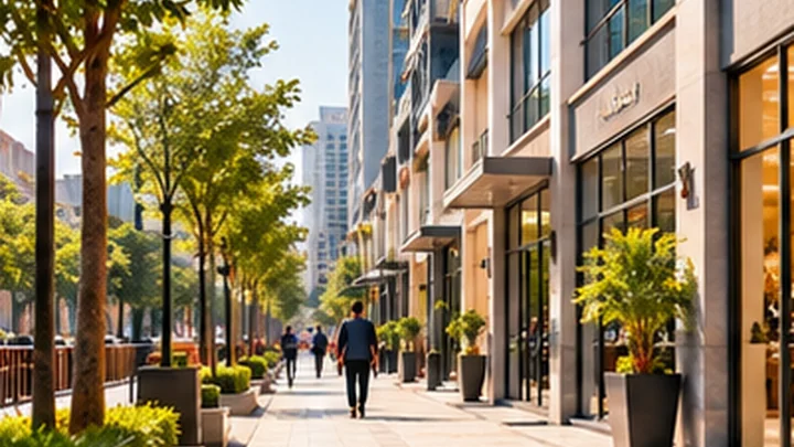 Commercial office buildings on tree-lined street