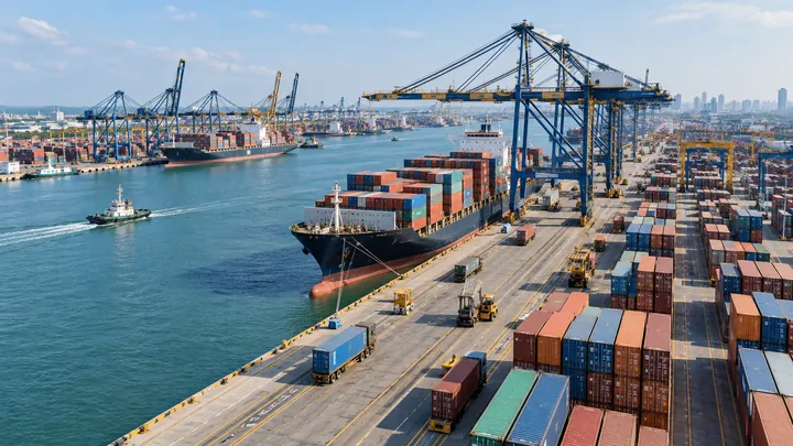 Shipping containers at a busy international port