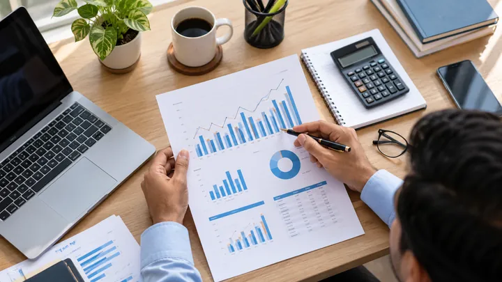 Financial analysis charts with accountant desk tools