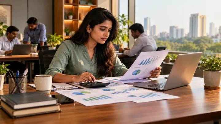 Financial analysis charts with accountant desk tools