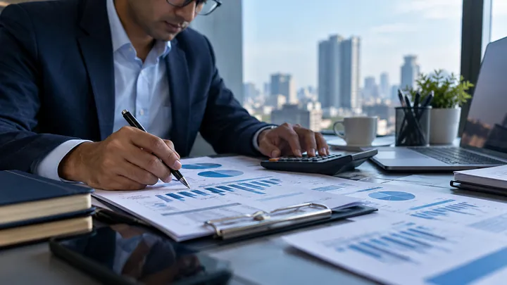 Financial analysis charts with accountant desk tools