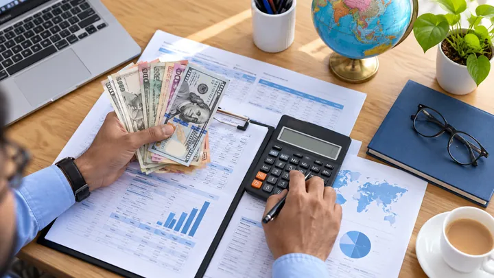 Currency, calculator and forex paperwork