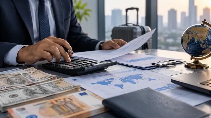 Currency, calculator and forex paperwork