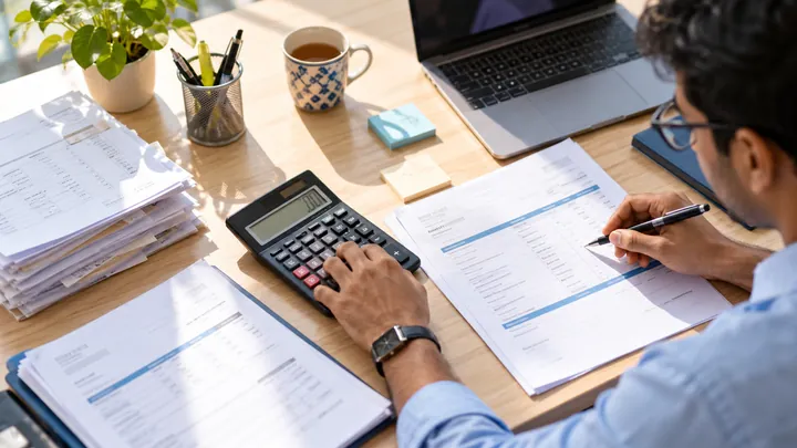Calculator with tax invoice paperwork