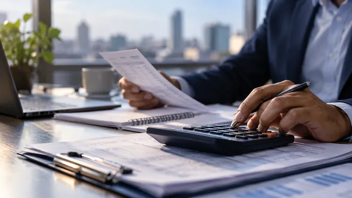 Calculator with tax invoice paperwork