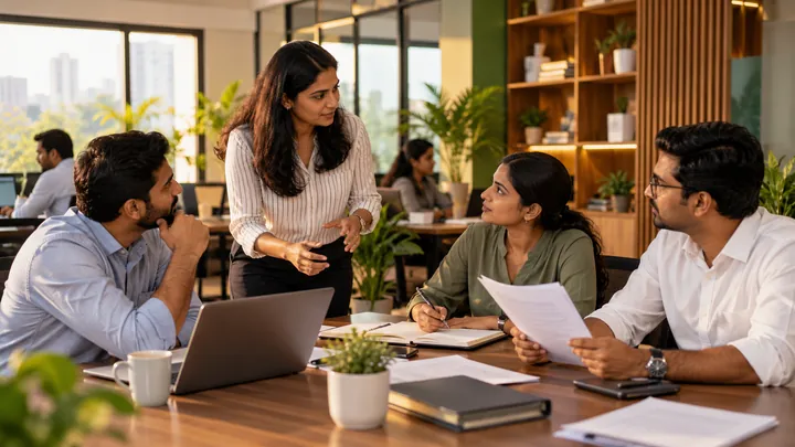 Employees discuss workplace compliance