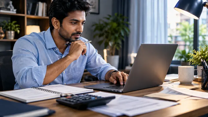 Online income tax return preparation with laptop