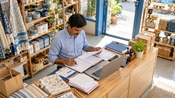 Indian small business owner manages store records
