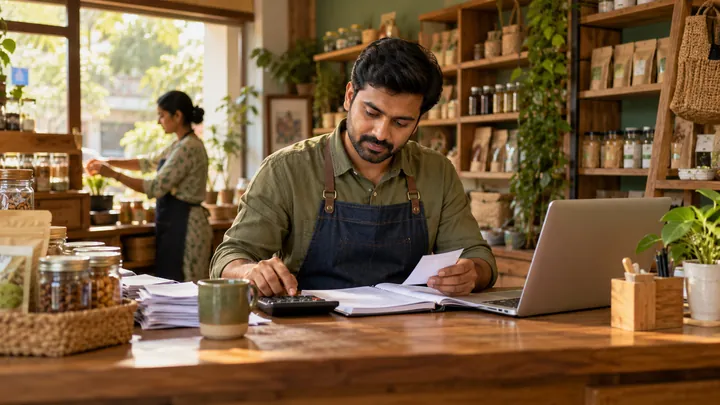 Indian small business owner manages store records
