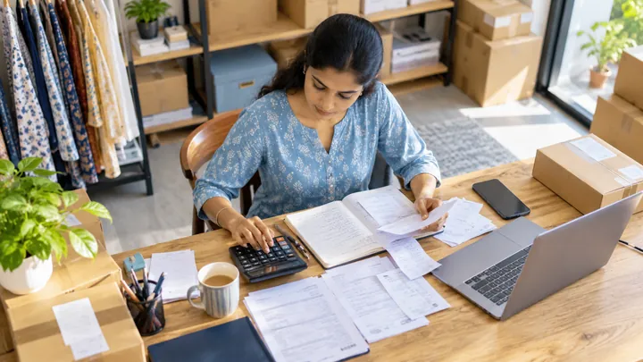 Small business owner maintains accounting records