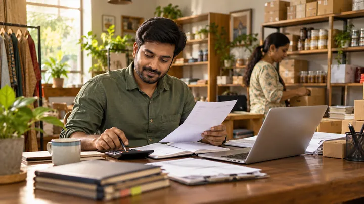 Small business owner maintains accounting records