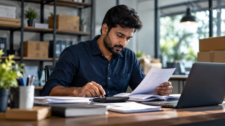 Small business owner maintains accounting records