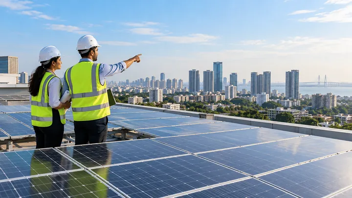 Solar panels overlooking modern city