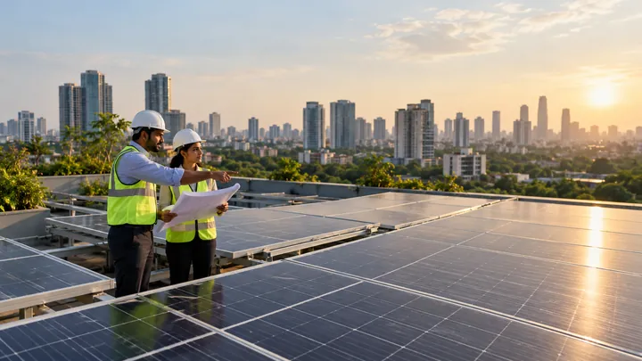 Solar panels overlooking modern city