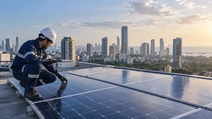 Solar panels overlooking modern city