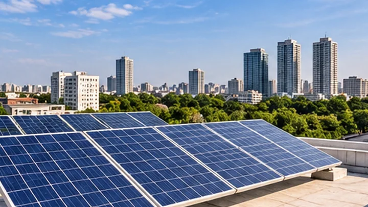Solar panels overlooking modern city