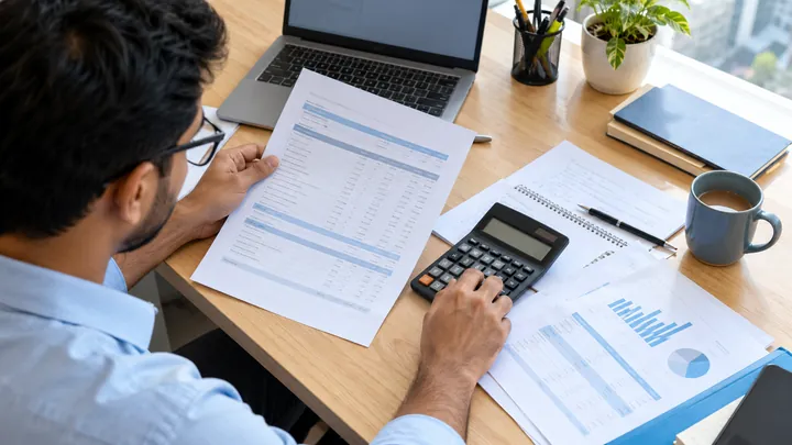 Tax calculation with paperwork and a calculator