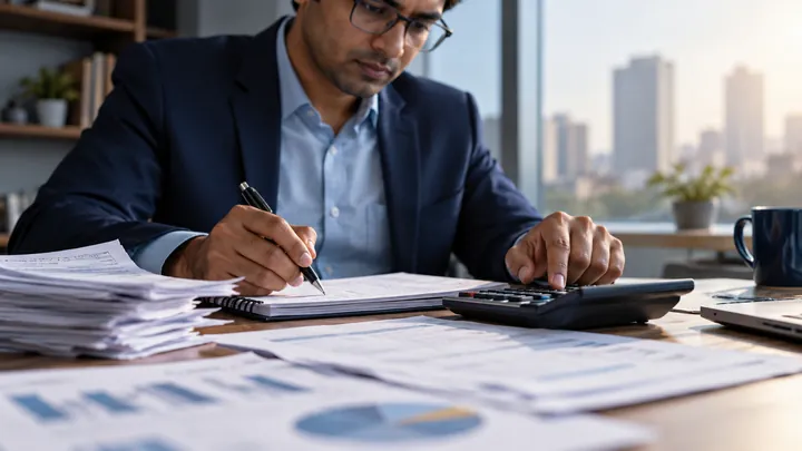 Tax calculation with paperwork and a calculator